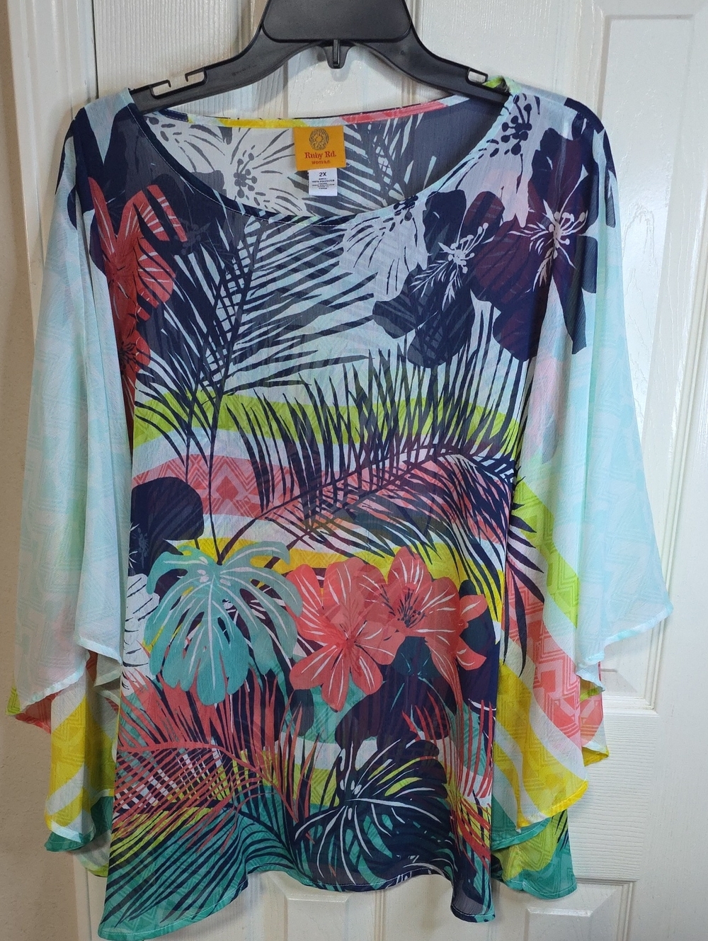 Ruby Rd. Tropical Floral Flutter-Sleeve Blouse in Navy, Coral, Teal 3/4 Sleeve